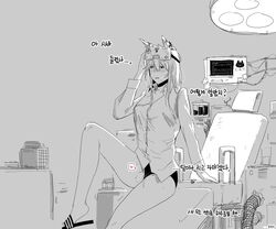 animal_ears blush cat_ears chair collared_shirt dress_shirt extra_ears female girls'_frontline greyscale highres huqu korean_text long_sleeves monochrome panties parted_lips persica_(girls'_frontline) pussy_juice shirt sitting slippers solo translation_request