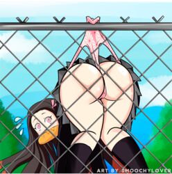 1girls ass big_ass bread chain-link_fence demon_slayer female female_only fence hair_ornament hanging_wedgie kamado_nezuko kimetsu_no_yaiba large_ass long_hair looking_at_viewer looking_back_at_viewer object_in_mouth outdoors panties pink_eyes pink_panties pleated_skirt school_uniform skirt smoochylover stuck the_almighty_baguette thick_thighs underwear wedgie