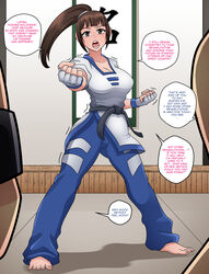 brown_eyes brown_hair chang_koehan choi_bounge dialogue english_text fatal_fury female_focus genderswap kim_kaphwan king_of_fighters king_of_fighters_all_stars lady_kim mascara netmarble omitv ponytail rule_63 snk text trembling unseen_male_face