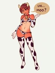 aubrey_(sea_legs) breasts cleavage cow_girl cow_horns cowbell freckles looking_at_viewer sea_legs tan_skin tanline thighhighs