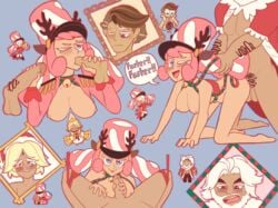 almond_cookie beard blue_eyes bondage breasts cookie_run doggy_style eggnog_cookie female handjob male marshmallow_cookie open_mouth oral pink_hair pure_vanilla_cookie reindeer tongue_out