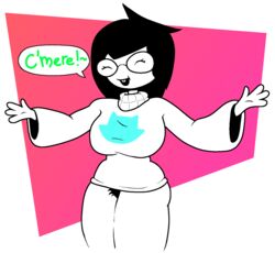 1girls big_breasts black_hair bottomless breasts buckteeth bush casual_nudity closed_eyes dialogue glasses happy homestuck hug huge_breasts jade_harley long_hair ms_paint_adventures no_pants open_mouth pantless pubic_hair simple_background solo speech_bubble sweater sweater_puppies text thick_thighs white_skin