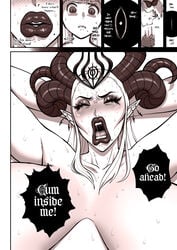 1girls 2021 anadenanthera_peregina_(fellatrix) areolae big_lips breasts crying demon demon_girl fellatrix female female_focus horns huge_breasts impregnation_request inviting male mature_female milf monochrome nipples no_nut_november pointy_ears solo_focus speech_bubble sweat text