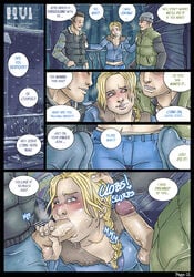 1girls 2boys blonde_hair blowjob blush blushing bulge bulge_through_clothing cheek_bulge comic english_text erection erection_under_clothes fellatio forced forced_oral hand_on_head handjob jessica_riley joshua_washington kneeling michael_munroe nikraria oral page_1 page_number penis rape testicles until_dawn