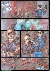 bethesda_softworks black_hair comic defeated fallout fallout_(series) fallout_4 glowing_eyes gun hypnosis imminent_rape imminent_sex leather mesmotron nikraria page_3 page_number raider_(fallout) red_hair red_tourette sole_survivor sole_survivor_(male) sunglasses undressing vault_suit