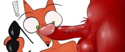 ! absurd_res anthro balls big_penis bodily_fluids canid canine cartoon_network courage_the_cowardly_dog cum cum_leaking domestic_cat duo eyewear felid feline felis fox genital_fluids genitals glans hi_res illegaleel katz_(courage_the_cowardly_dog) leaking_precum male male/male mammal penis penis_focus penis_in_face pink_glans red_balls red_body red_penis shocked sunglasses the_cajun_fox vein