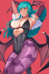 1girls 4_wings arched_back arm_up arms_behind_head bangs bare_shoulders blue_hair breasts cleavage clothing darkstalkers female female_focus female_only hands_behind_head head_wings heart_cutout highleg_leotard highlow hip_wings inner_sideboob large_breasts leotard long_gloves long_hair looking_at_viewer looking_down medium_breasts morrigan_aensland navel_line oerba_yun_fang revealing_clothes side_view sideboob simple_background skimpy skimpy_clothes sole_female solo solo_female solo_focus succubus tagme toned toned_female vampire wings yellow_eyes