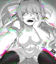 1boy 1girls areolae breasts cowgirl_position crazy_eyes doki_doki_literature_club eye_contact female female_on_top femdom glitch greyscale hair_ribbon long_hair looking_at_viewer male_pov monika_(doki_doki_literature_club) monochrome nipples nude nudiedoodles partially_colored pov pov_eye_contact sex smile thick_thighs thighhighs thighs yandere