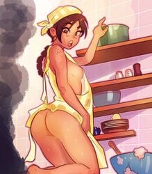 ass aubrey_(sea_legs) bakery freckles naked_apron ndasfw red_hair sea_legs sideboob skirt_lift tan_skin thick_thighs