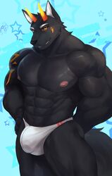 abs absurd_res anthro bulge canid canine canis clothing genitals glowing glowing_eyes half-erect hi_res horn kult2k looking_at_viewer male mammal muscular nipples pecs penis simple_background solo underwear