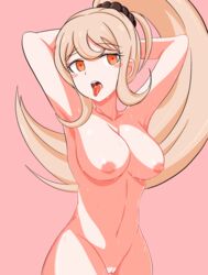 1girls arms_behind_head big_breasts blonde_hair blush breasts danganronpa danganronpa_2:_goodbye_despair heart-shaped_pupils milliani nude_female ponytail pussy saionji_hiyoko solo straight_hair tongue tongue_out wet