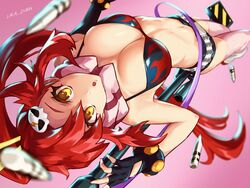 big_breasts bikini breasts bullet_casings cleavage clothed high-angle_view looking_at_viewer open_mouth ponytail red_hair short_shorts sniper_rifle tengen_toppa_gurren_lagann thighhighs ura_dora weapon yellow_eyes yoko_littner