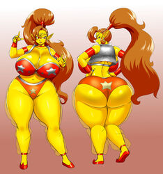 armbands ass big_ass big_breasts big_butt booty_shorts bra breasts brown_hair bubble_ass bubble_butt cyra_(soldiersunstar) earrings fat_ass fat_butt female female_only genie huge_ass huge_breasts huge_butt large_ass large_breasts large_butt long_hair looking_at_viewer looking_back original_character pointed_ears red_eyes rings soldiersunstar speeds thick_ass thick_thighs translucent_pants vest wide_hips wrist_cuffs yellow_body yellow_skin