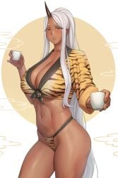 1girls bushu_(lvl) cleavage cup dark-skinned_female dark_skin female female_only fundoshi hi_res holding_cup horn looking_at_viewer lvl lvl_(sentrythe2310) narrowed_eyes oni oni_horns original original_character pointy_ears ponytail red_eyes solo solo_female thick_thighs thong tiger_print very_long_hair white_hair yamakasa