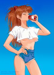 1girls 2020s 2021 asuka_langley_sohryu belly_button breasts brown_hair characterful closed_eyes clothing crop_top dolphin_shorts drinking female hand_on_hip medium_breasts neon_genesis_evangelion no_bra shorts side_slit snegovski solo solo_female sweat sweatdrop tied_hair tomboy two_tone_bottomwear two_tone_bottomwear_(blueandwhite) underboob white_shirt