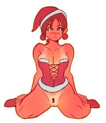 aubrey_(sea_legs) blush bottomless christmas christmas_outfit corset freckles innie_pussy legs_spread looking_at_viewer ndasfw pubic_tuft pussy sea_legs socks tan_skin tanline thick_thighs