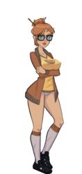 2020 big_breasts black_shoes blue_eyes brown_coat character_sheet clothed_female female_focus female_only glasses hairpins kink_inc. long_socks micah_(kink_inc.) model_sheet nipples_visible_through_clothing no_pants nutaku orange_hair solo_female solo_focus tender_troupe transparent_background white_panties yellow_shirt