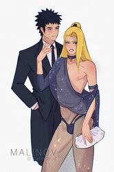 akatsuki_(naruto) androgynous annoyed bag bare_shoulders black_eyes black_hair blonde_hair blue_eyes blush choker coat crossdressing deidara femboy fishnet_legwear fishnet_pantyhose fishnets gay genitals hand_in_pocket handbag male male/male male_only malinov mostly_nude multiple_boys naruto naruto_(series) naruto_shippuden necktie neckwear nipples pecs pendant ponytail posing revealing_clothes see-through see-through_clothing shirt standing suit testicles thong tied_hair transparent_clothing trap uchiha_obito underwear yaoi