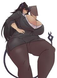 bamman big_breasts black_hair breasts cassandra_sakyubasu cleavage demon demon_girl demon_horns demon_tail hips horns long_hair looking_down massive_breasts office_lady pantyhose red_eyes short_skirt skirt tail thick_thighs thighs wide_hips