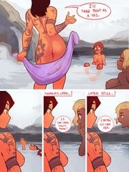 3girls aubrey_(sea_legs) bathing blonde_hair blush_lines breasts brown_hair characterful cleavage comic comic_page english_text evan_(ndasfw) freckles jolie_(sea_legs) multiple_girls naked ndasfw nipples nosebleed red_hair sea_legs sideboob tan_skin tattoo thick_ass towel