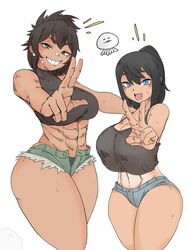 2girls abs bamman big_breasts big_breasts big_breasts blue_eyes breasts breasts breasts green_eyes midriff muscles muscular muscular_female peace_sign short_hair shorts smiling sweat sweatdrop tank_top