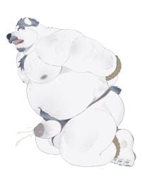 1boy aegis_(crave_saga) animal_ears arm_hair arms_behind_back bara bear bear_boy bear_ears bear_tail beard belly biceps blue_hair bondage bondage bound bound_ankles bound_arms chest_hair chinese_commentary commentary_request crave_saga cum erection facial_hair fat furry furry_male girthy_penis highres jockstrap leg_hair looking_to_the_side male_underwear moustache navel nipples open_mouth pectorals penis plump polar_bear stomach_hair tail tengzai05 topless_male underwear white_background white_fur