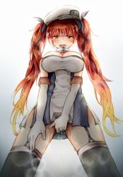 1girls azur_lane bare_shoulders between_legs black_panties black_ribbon black_thighhighs blue_dress blush breasts breath cleavage detached_collar dress elbow_gloves embarrassed female_focus from_below garter_straps gloves gluteal_fold gradient_background gradient_hair hair_ribbon half-closed_eyes hand_between_legs hat highres honolulu_(azur_lane) large_breasts legs_apart long_hair looking_at_viewer multicolored_hair open_mouth orange_hair panties peaked_cap peeing peeing_self red_hair ribbon short_dress side_slit simple_background skindentation sleeveless sleeveless_dress solo standing steam sweat tears thighhighs twintails underwear urine watakarashi wet wet_clothes white_background white_gloves white_hat yellow_eyes