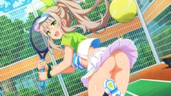 1girls ass breasts butt_crack commentary_request game_cg green_eyes green_shirt hazel_(sakura_succubus) holding_object looking_at_viewer looking_back no_panties official_art open_mouth ponytail sakura_succubus skirt skirt_lift solo succubus sweat sweatdrop tennis_ball tennis_outfit tennis_racket tennis_uniform wanaca white_skirt winged_cloud