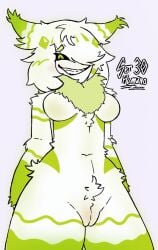 black_eyes breasts fur furry furry_ears green_iris green_spots humanoid lines_on_the_body oc original_character pink_pussy shameful_look smile white_fur