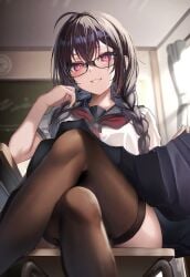 1girls absurdres ahoge black-framed_eyewear black_hair black_sailor_collar black_skirt braid brown_thighhighs chair chalkboard clock clothes_lift commentary_request crossed_legs feet_out_of_frame glasses hair_between_eyes highres indoors legs lifting_own_clothes long_hair looking_at_viewer megane-chan_(yufou) neckerchief on_chair original parted_lips pink_eyes red_neckerchief sailor_collar school_uniform serafuku short_sleeves sitting skirt skirt_lift smile solo thighhighs thighs twin_braids yufou