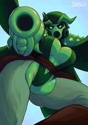 baggy_pants boobs breasts female female_only gas_mask green_body green_eyes green_skin kabiwuz military_helmet military_uniform peashooter_(pvz) plants_vs_zombies pvz tits