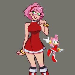 amy_rose artist_request blush boots bracelet dress earrings female green_eyes hairband human humanization lipstick nervous_smile pink_hair sega socks sonic_(series)