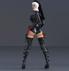 3d 3d_(artwork) ass ass_focus assassin black_thigh_boots fan_character grey_background hitman hitman_absolution holstered_revolver korosh1 leather_leotard red_lipstick revolver sideboob simple_background standing the_saints_(hitman_absolution) unbothered