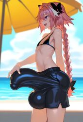 1boy ai_generated astolfo_(fate) beach bulge fate_(series) hyper_bulge male male_only outside pink_hair shorts solo solo_femboy solo_male