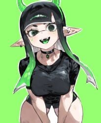 1girls bangs black_eyes black_shirt blunt_bangs breasts choker emo fake_horns female horns inkling inkling_girl large_breasts long_hair looking_at_viewer nintendo open_mouth pointy_ears shirt shorts solo solo_female solo_focus splatoon tentacle_hair thick_thighs thighs togetoge tongue tongue_out two_tone_hair