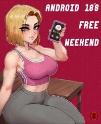 android_18 animated animated_gif blacked blonde_hair blue_eyes cellphone cheating cheating_wife dark-skinned_male dragon_ball dragon_ball_z gif interracial krillin netorare queen_of_spades short_hair sinedahh sportswear tattoo
