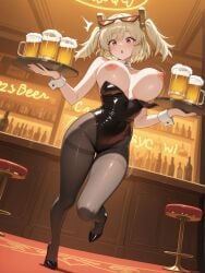 1girls ai_generated beer blonde_hair breasts bunny_girl bunnysuit burnice_white daikataru exposed_breasts large_breasts nipples red_eyes sunglasses surprised topless zenless_zone_zero