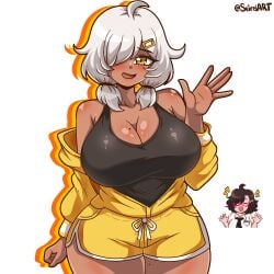 2girls ahoge artist_name big_breasts breasts cleavage clothed_female dark-skinned_female mole mole_on_breast mole_on_thigh oc original original_character saki_(seireiart) seireiart thick_thighs thighs tiana_(seireiart) watermark waving white_hair yellow_eyes