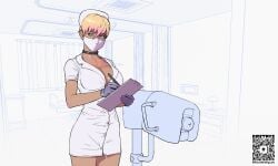 big_breasts breeding_mount cleavage dmitrys eye_contact facemask gloves milking_machine nurse nurse_uniform peach_(dmitrys)