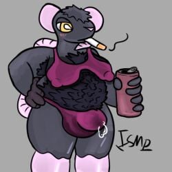 anthro aroused bikini blush bodily_fluids body_hair bulge can chest_hair cigarette cigarette_in_mouth clothing container futanari genital_fluids gynomorph intersex iris_(ishitmypants) ishitmypants leaking_precum mammal murid murine nipple_outline object_in_mouth oblivious precum precum_through_clothing rat rat_tail rodent smoking smoking_cigarette solo swimwear tail trans_(lore) trans_woman_(lore) two-piece_swimsuit wet wet_clothing