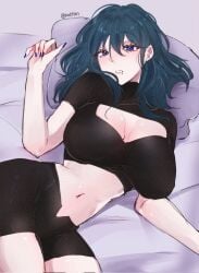 1girls bed belly_button blue_eyes breasts byleth_(fire_emblem) byleth_(fire_emblem)_(female) cleavage drooling fire_emblem fire_emblem:_three_houses looking_at_viewer lying messy_hair nail_polish nintendo pillow saliva serafineart1001 shorts sleepy solo teal_eyes
