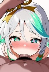 1boy 1girls ai_generated blush cecilia_immergreen fellatio female green_eyes green_hair heart-shaped_pupils hololive hololive_english key male penis straight virtual_youtuber white_hair winding_key