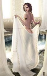 armlet ass ass_focus bare_breasts bath beautiful beauty brown_hair covering covering_crotch earrings greek_female greek_mythology helen_of_troy iliad pale_skin queen stare staring_at_viewer trojan_war