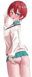 absurdres amate_yuzuriha aqua_eyes aqua_hair aqua_shirt aqua_skirt artist_name ass black_necktie blush breasts cardigan censored collared_shirt commentary fellatio_gesture female gundam gundam_gquuuuuux hair_between_eyes hand_on_own_ass heart heart_censor highres long_sleeves necktie open_mouth pink_eyes purple_pupils red_hair red_necktie rikka006 shirt simple_background skirt smile solo striped_necktie thighs tongue tongue_out two-tone_necktie white_background white_cardigan