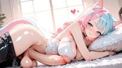 ai_art ai_generated animal_ears bed blue_hair cat_ears cat_girl cat_tail catgirl dickgirl futanari head_rest intersex koneko konekofuta large_breasts large_penis lying_down pillow pink_hair two_tone_hair two_tone_hair_(blueandpink)