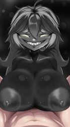 1boy1girl breasts female friday_night_funkin friday_night_funkin_mod girlfriend_(friday_night_funkin) gray_hair large_breasts nipples paizuri smile tagme trollge_gf_(fnf) watermark yellow_eyes