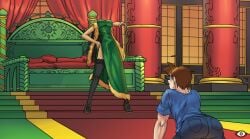 1boy ass bed blonde_hair blue_shirt boa_hancock breasts brown_hair cg china_dress chinese_clothes curtains denim dress feather_boa female from_behind garter_belt green_dress hand_on_own_hip hat hentai_heroes hero_(hentai_heroes) high_heels indoors kinkoid lace-trimmed_legwear large_breasts legs long_hair muscular official_art pants parody pillow shirt shoes short_hair shtupra_(hentai_heroes) sword t-shirt thighhighs