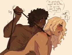 achilles blonde_hair blush brown_hair censored collar embarrassed gay gay_sex greek_mythology helpless hickey hickey_marks homosexual iliad justvea patroclus teasing trojan_war two_boys two_men
