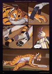 after_orgasm after_sex anthro blush bodily_fluids breasts clothing comic dialogue digital_media_(artwork) dreamworks dressing dressing_self drooling duo english_text feet felid female fingers fur furniture genitals hacatiko hi_res holding_object kung_fu_panda lagomorph leporid lying male male/female mammal massage_table master_tigress nude on_table open_mouth orange_body pantherine pawpads rabbit saliva saliva_on_tongue shaking speech_bubble standing stripes table tail teeth text tiger toes topwear trembling vulva
