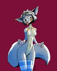 2025 5_fingers absurd_res accessory anthro armwear big_tail black_nose breasts canid canine clenched_teeth clothing collarbone elbow_gloves female female_anthro fingers fox fur gatonejo gloves grey_body grey_fur grey_hair hair hair_accessory hairband handwear hi_res krolic_(gatonejo) legwear light looking_at_viewer mammal multicolored_body multicolored_fur naturally_censored navel nipple_tuft partially_clothed_anthro partially_clothed_female pupils red_background short_hair signature simple_background solo standing stockings tail teeth thick_thighs tongue tongue_out tuft vulva wide_hips yellow_body yellow_fur yellow_pupils